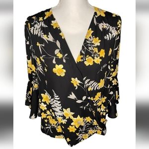 INC Black & Yellow V-Neck Surplice Top